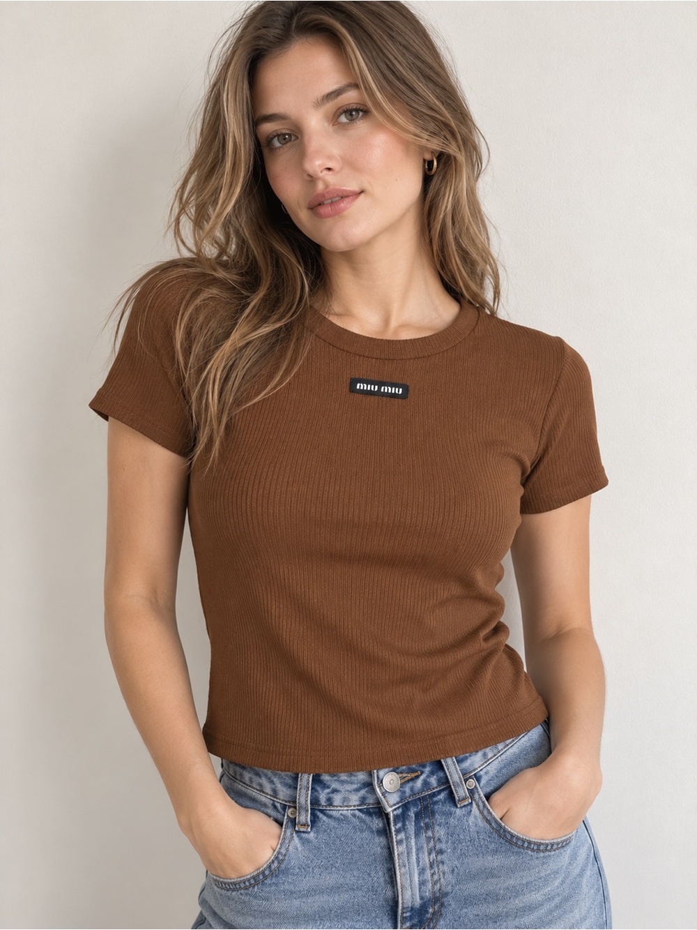 Brown Ribbed Short-Sleeve Top